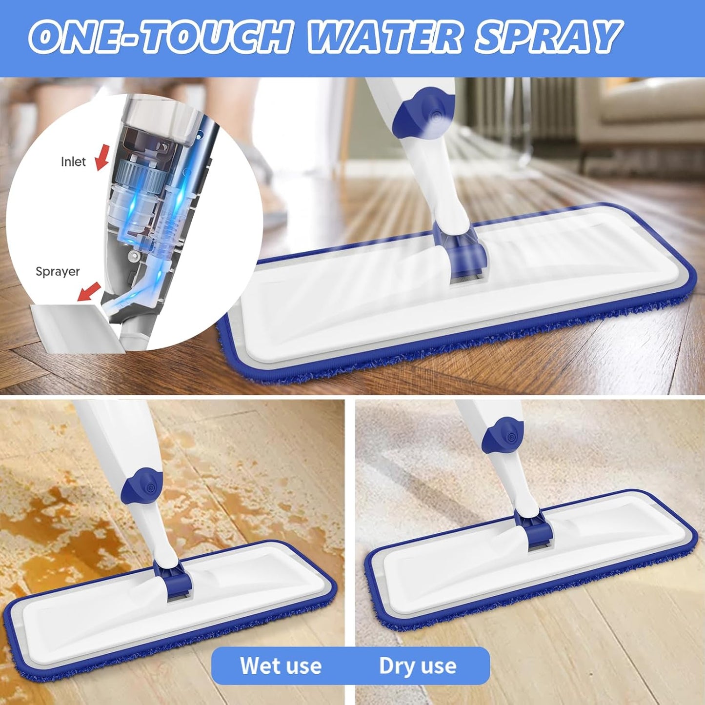 HOMTOYOU Spray Mops for Floor Cleaning: Wet Mop for Hardwood Tile Wood Laminate Vinyl - 3 Washable Microfiber Pads for Swiffer Powermop - Absorbs Pet Hair Dust