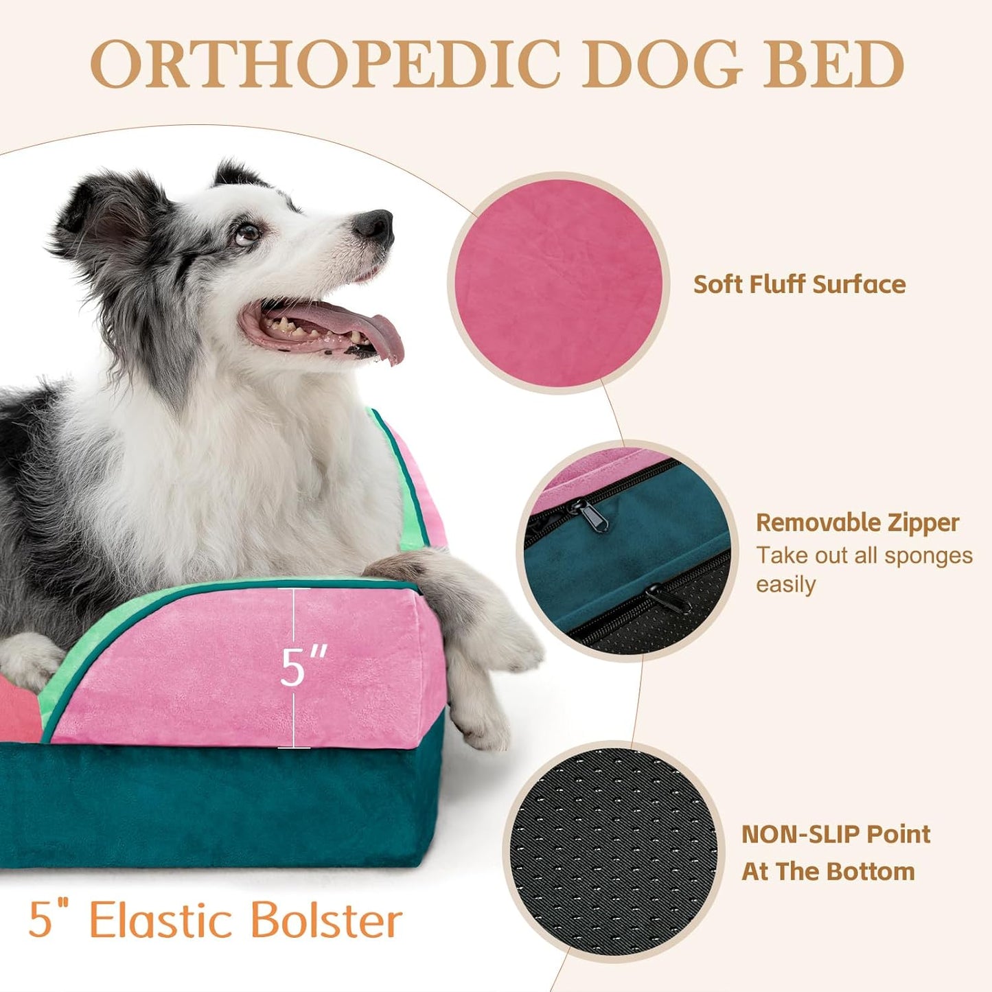 Comfort Expression Orthopedic Dog Bed for Extra Large Dogs 42x30 Inch, Waterproof Egg Crate Foam XL Pet Bed with Removable Bolsters, Dog Couch with Washable Cover & Non-Slip Bottom, Grey - Colors B