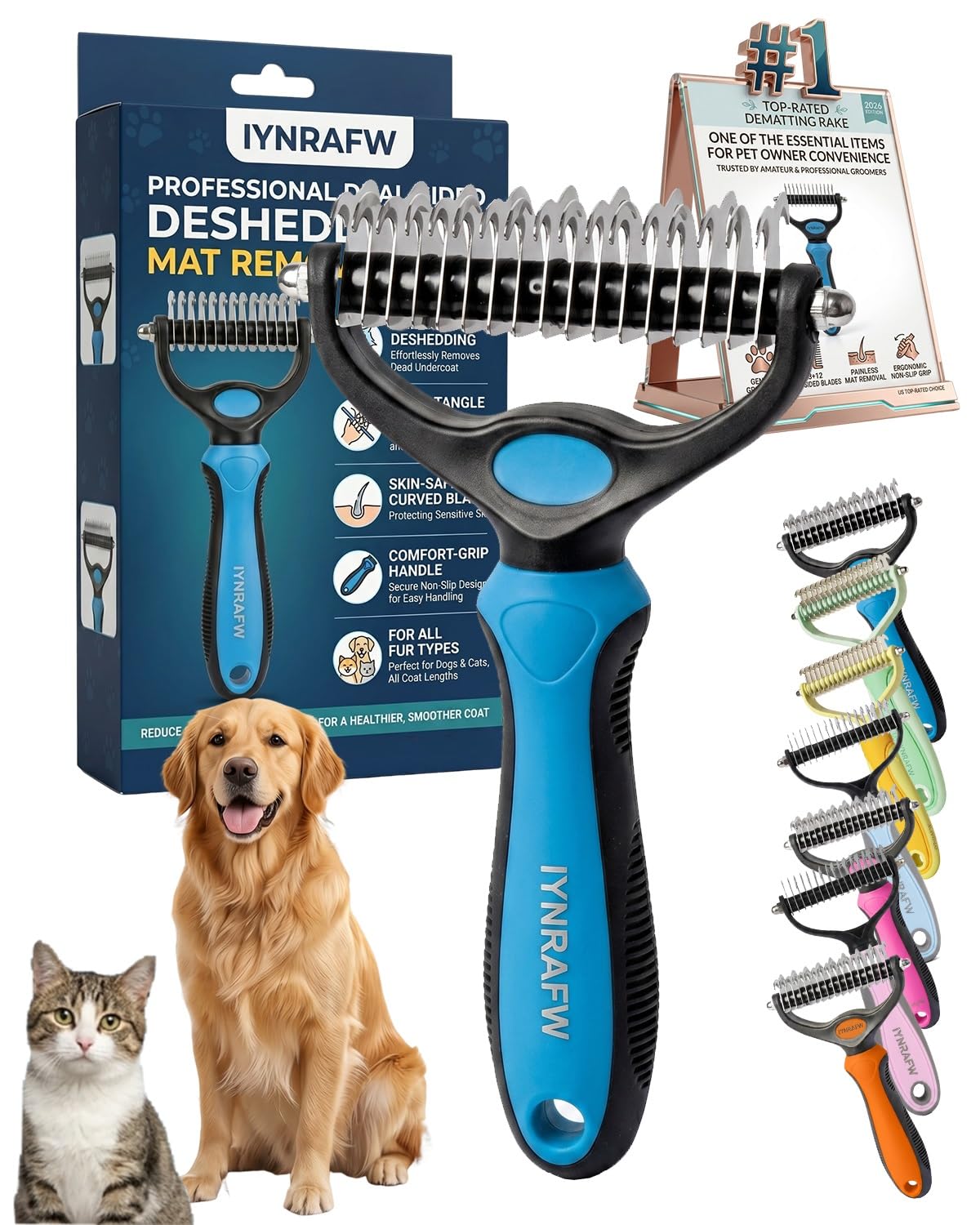 Pet Pro Grooming Tool Dual Tooth Pet Grooming Comb Undercoat Rake for Dogs Cats Long Hair Deshedding Tool Dematting Brush Double Sided Stainless Steel Teeth Remover Mats Tangles Loose Fur