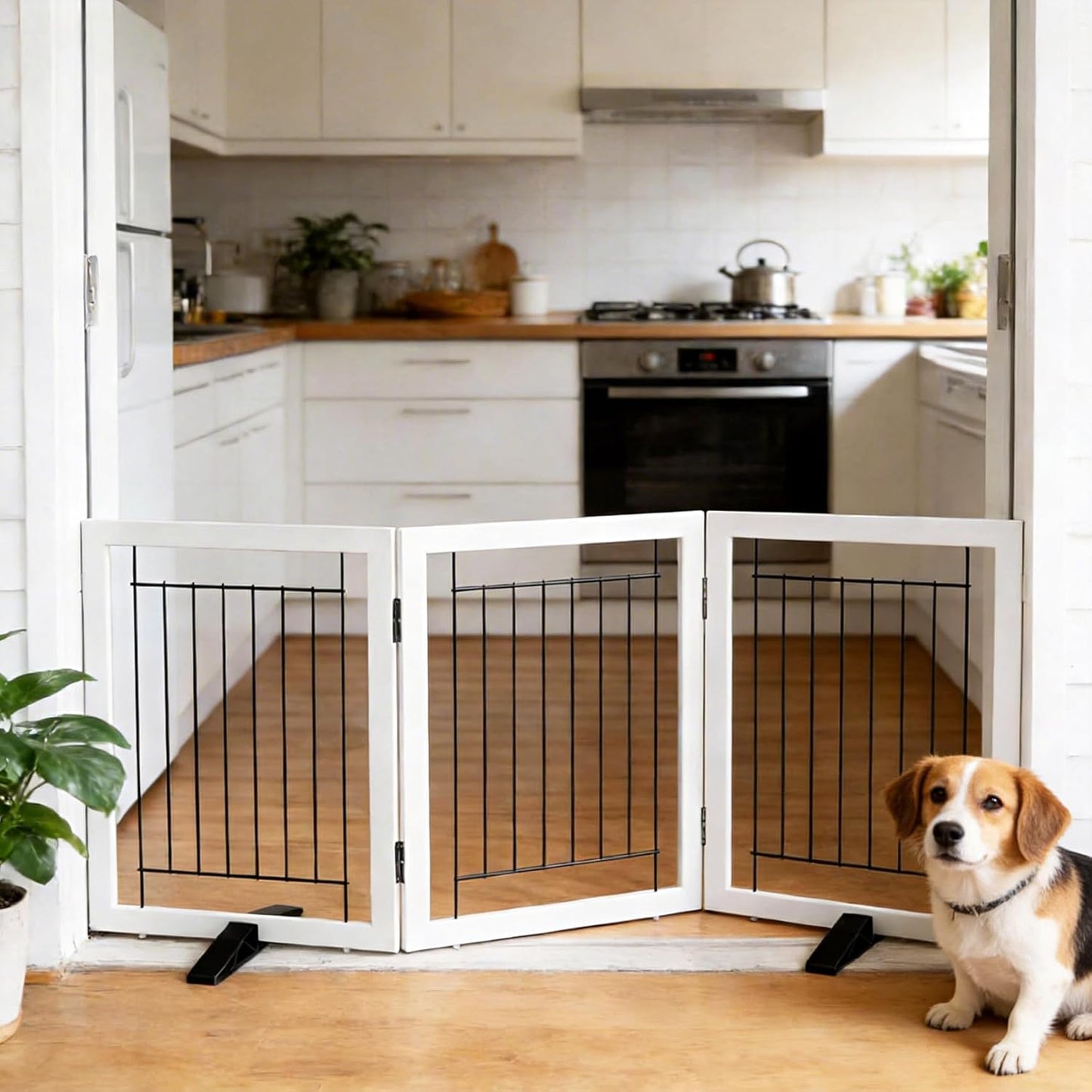 ZJSF Freestanding Dog Gate Indoor, Foldable Dog Fence for Doorways,Hallways or Stairs, Sturdy Wood Extra Wide Pet Gate with Support Feet,Black,24 "Height-3 Panels
