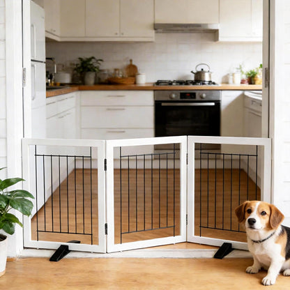 ZJSF Freestanding Dog Gate Indoor, Foldable Dog Fence for Doorways,Hallways or Stairs, Sturdy Wood Extra Wide Pet Gate with Support Feet,Black,24 "Height-3 Panels