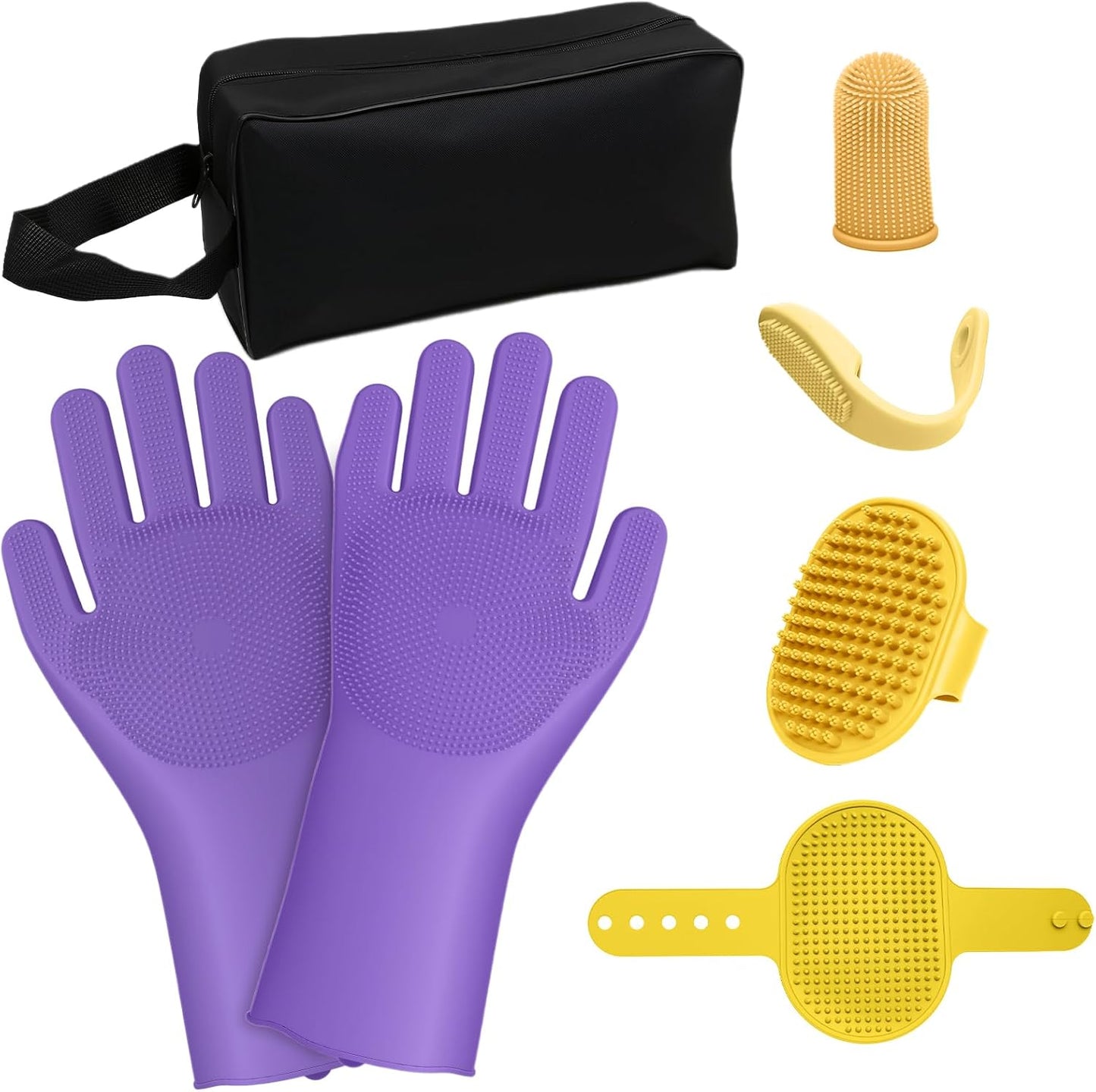 7PCS Dog Washing Gloves | Dog Bath Brush | Storage Bag | Dog Finger Toothbrush for Short & Long Haired Dogs & Cats | Efficient Deshedding Bathing & Massaging, Suitable for Pets (Sage Green)