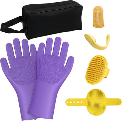 7PCS Dog Washing Gloves | Dog Bath Brush | Storage Bag | Dog Finger Toothbrush for Short & Long Haired Dogs & Cats | Efficient Deshedding Bathing & Massaging, Suitable for Pets (Sage Green)