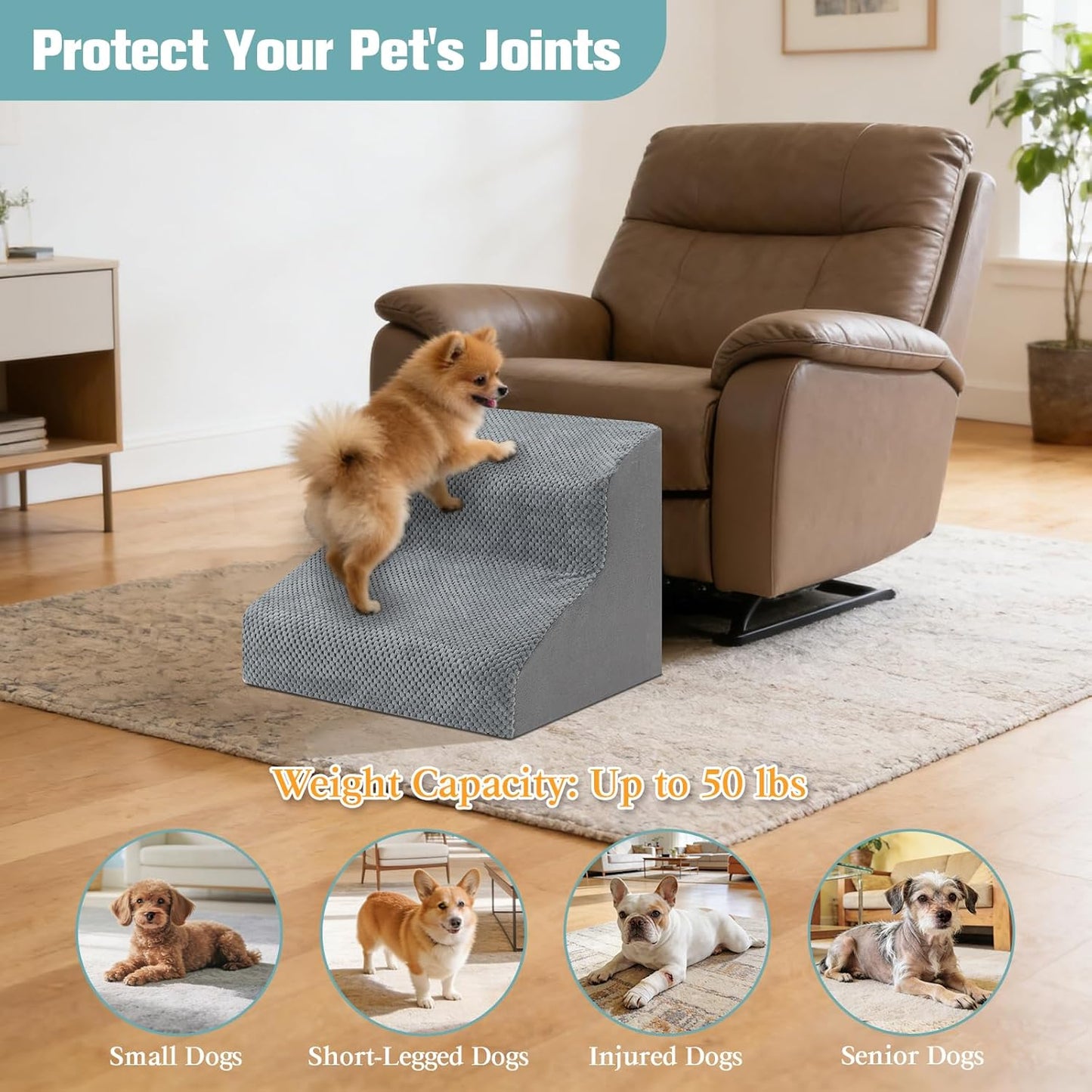 Dog Stairs for Small Dogs, 2-Step Dog Steps for Couch Sofa and Chairs, High-Density Foam Pet Steps Ramp with Removable Washable Cover for Older Injured Puppy Dogs and Cats, 11.81" H, Grey