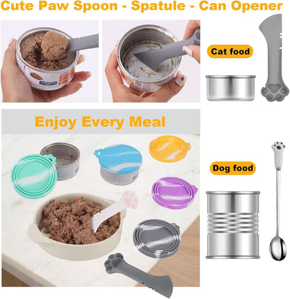 Comtim 5 PCS Pet Food Can Lids & Spoons Set - Silicone Dog Cat Covers With Multi-Function Spatula Opener for Wet Food - Long Handle Easy to Scoop