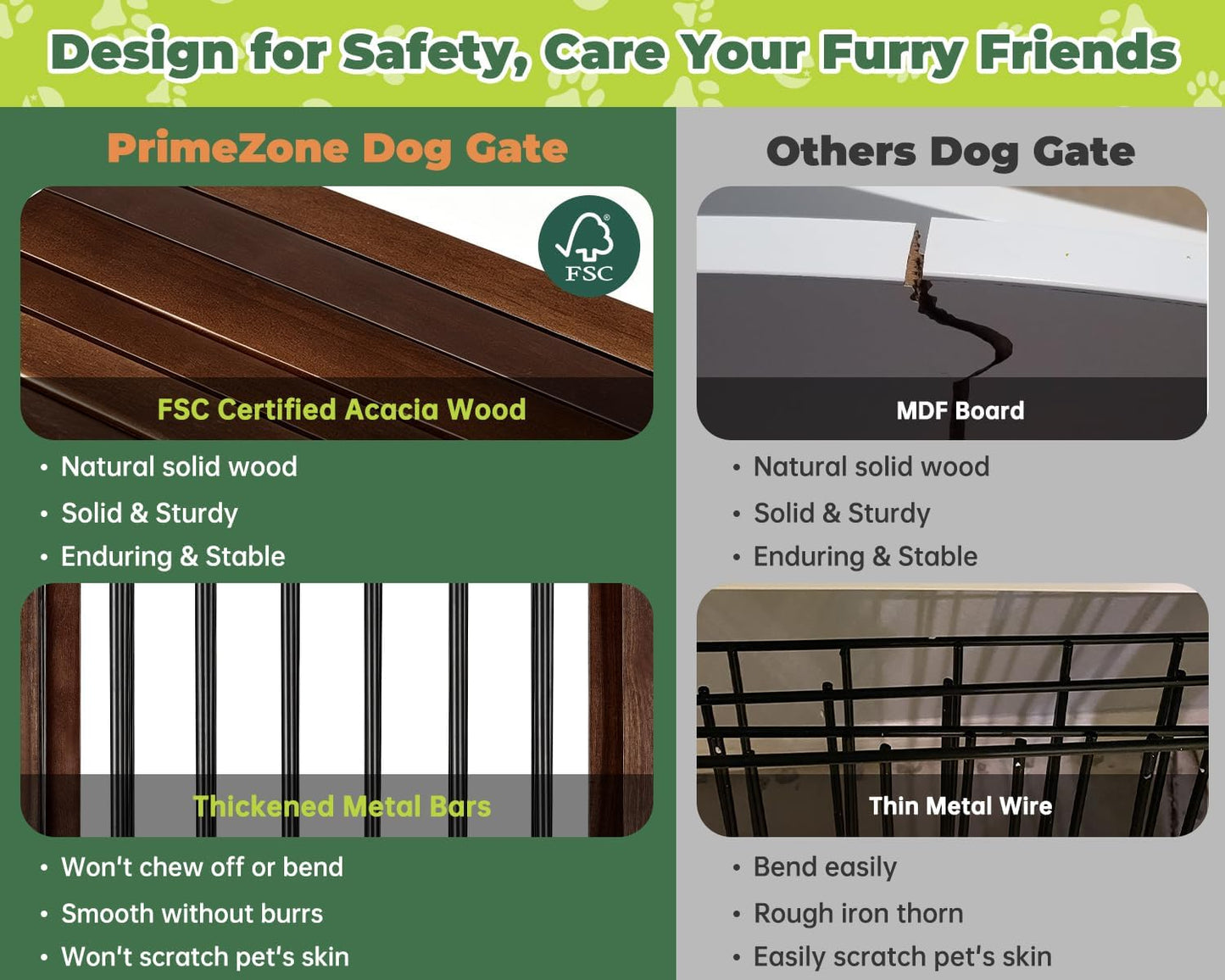 PrimeZone 144" Extra Wide Dog Gate - 36" Tall 6-Panel Solid Acacia Wooden Freestanding Puppy Gates with Door, Foldable Indoor Pet Fence for Doorways, Stairs, Support Feet Included, Brown