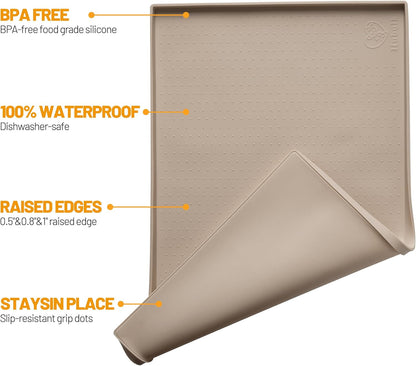 Hubulk Dog Feeding Mat,100% Waterproof Food Grade Silicone Pet Food and Water Bowl Placemat,Dishwasher, High Raised Edge to Prevent Spills,Nonslip Tray to Stop Messes on Floor (19"x12"x0.5", Grey)