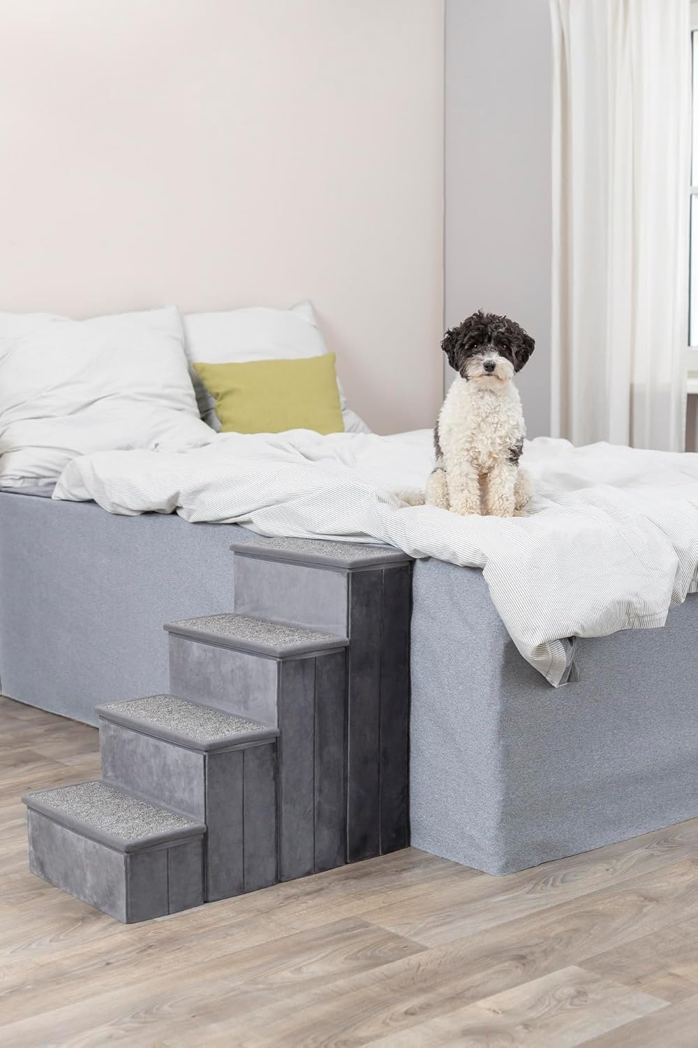 Trixie Velour Dog Stairs with Tread Steps - 4 Step Pet Stairs for Beds and Couches - Foldable with Additional Storage Space - Gray