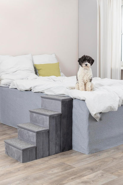 Trixie Velour Dog Stairs with Tread Steps - 4 Step Pet Stairs for Beds and Couches - Foldable with Additional Storage Space - Gray