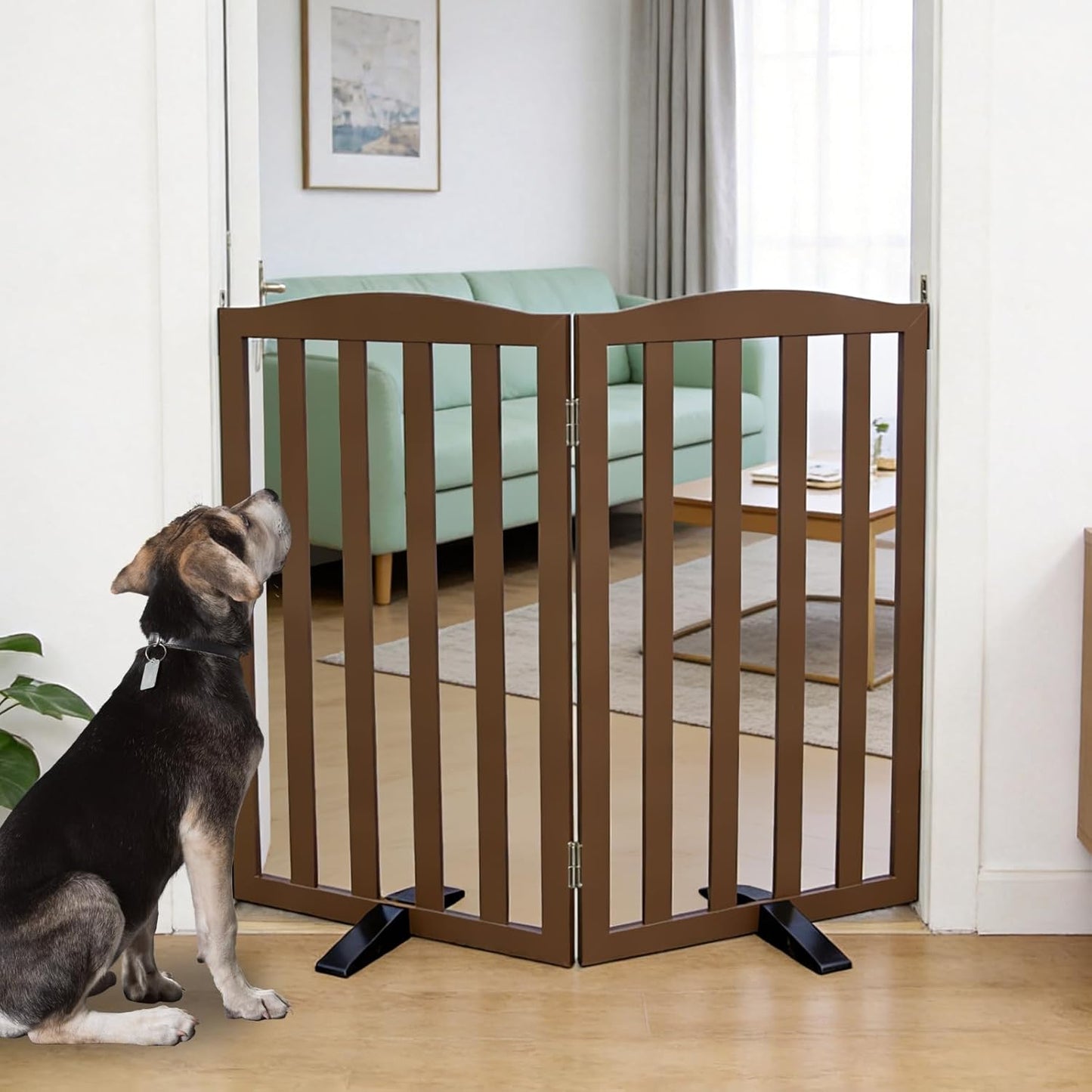 Freestanding Dog Gate Indoor,Doggie Gate Foldable Dog Gates for Doorways,Stairs or Hallways, Wooden White Pet Gate for the House, Pet Fence with Support Feet Included,24 "Height-4 Panels