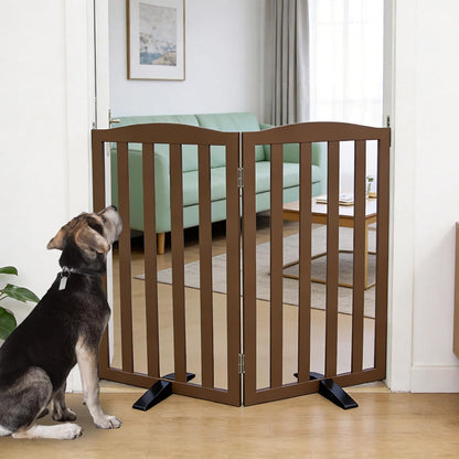 Freestanding Dog Gate Indoor,Doggie Gate Foldable Pet Gates for Doorways,Stairs or Hallways, Wooden Brown Pet Gate for the House, Pet Fence with Support Feet Included,24 "Height-3 Panels