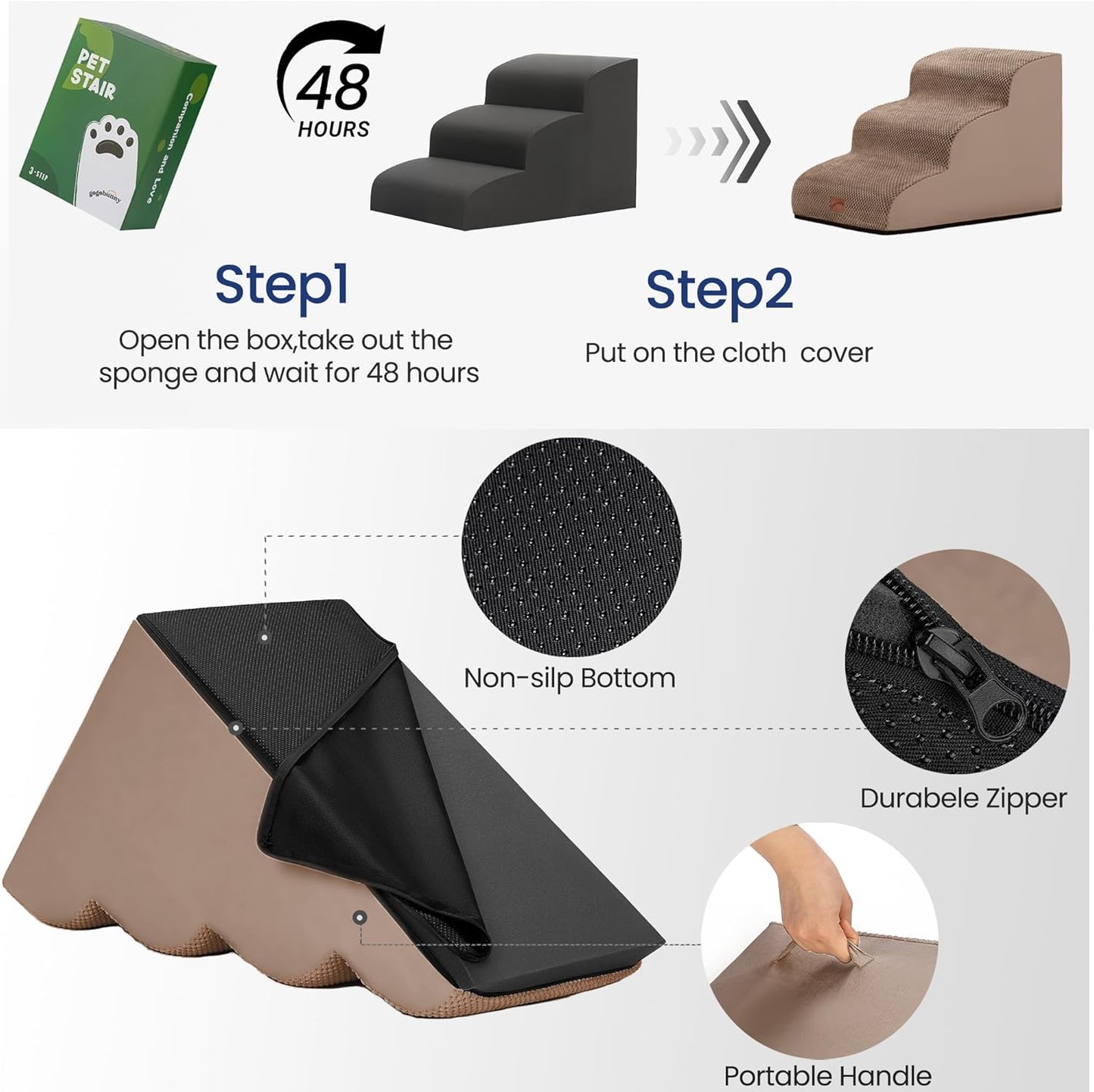 GoGoBunny Ramp Dog Stairs for Couch Sofa and Chair 15.7" H, 3-Step Pet Steps for Small Dogs and Cats, Non-Slip Waterproof Fabric Cover, Stable and Balanced Indoor Step, Pets Friendly, Grey