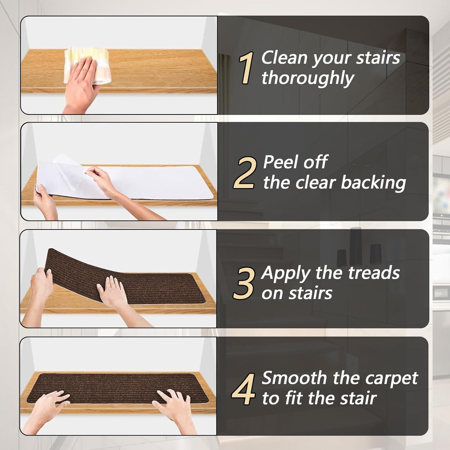 Stair Treads for Wooden Steps Carpet, Non-Slip Stair Runner Indoor Outdoor Stair Tread Mats Covers Pads, 19" x 31"Matching Landing Step Runner for Elders, Kids and Dogs (19" x 31", Black)