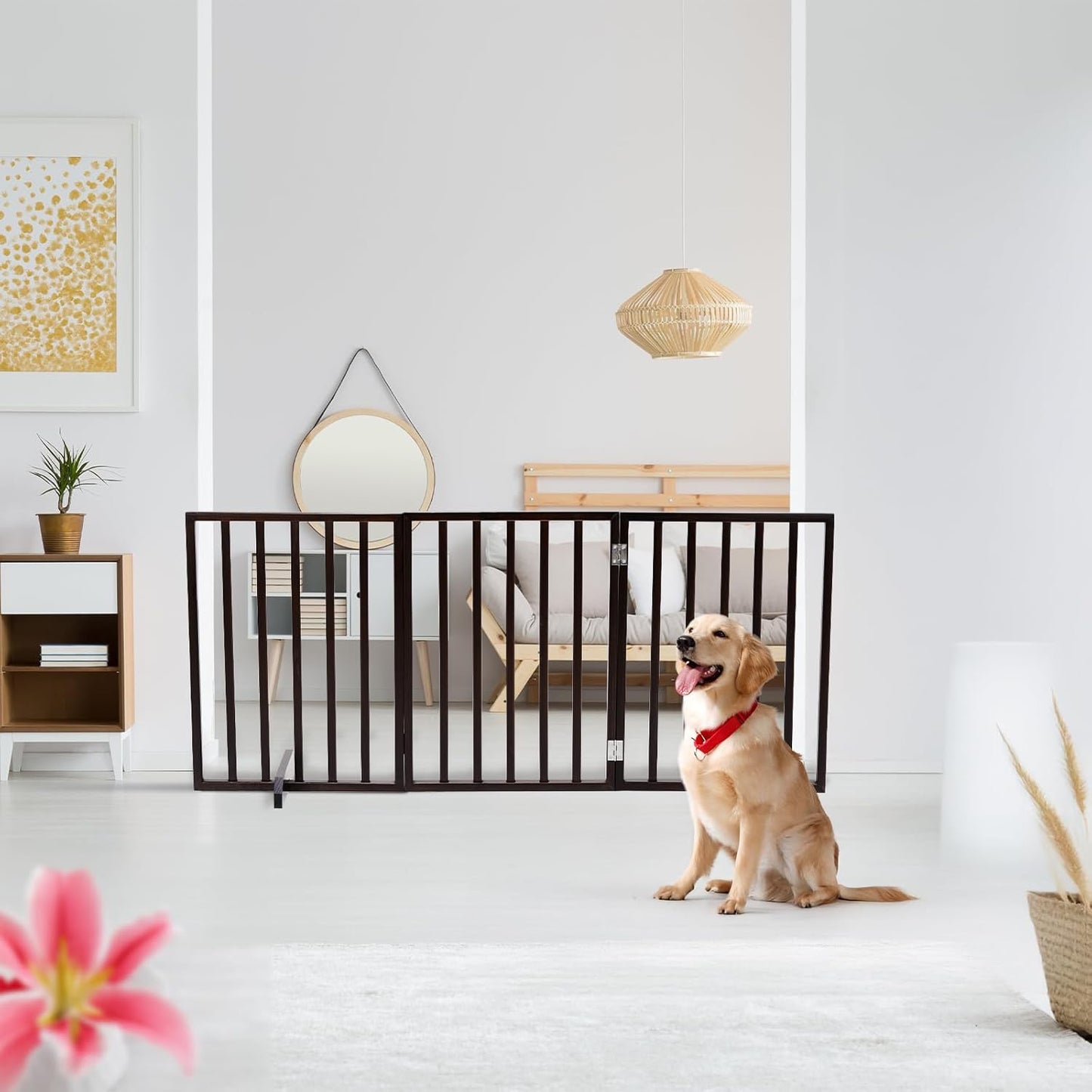 4 Panels Wooden Dogs Fence,Free Standing Pet Gate for Dog Cat,Wooden Indoor Foldable Dog Gate,Wide Pet Puppy Safety Fence,with Support Feet,for Hallways, Stairs, Doorways, Halls, Kitchen (Brown)