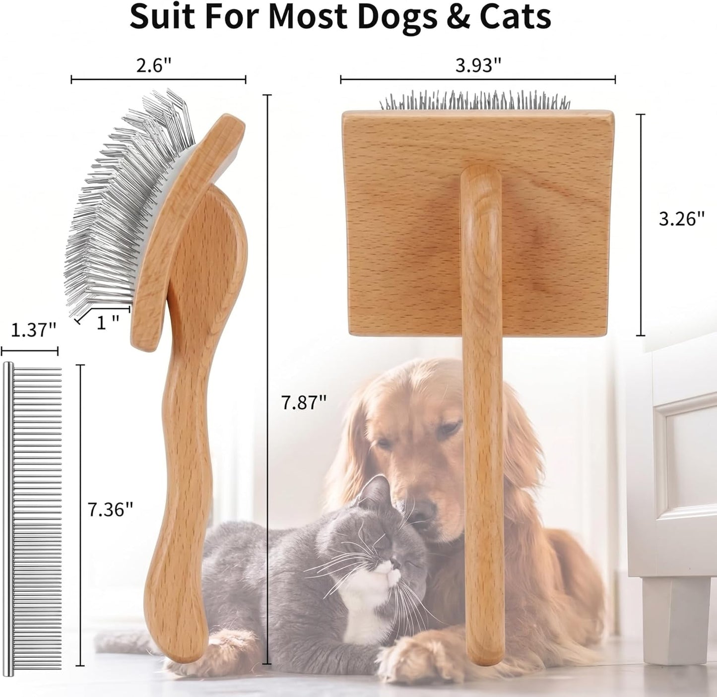 Slicker Brush for Doodles and Poodles - 2-Piece Solid Wood Dog Grooming Set with Extra Long Pin Dematting Tool and Metal Comb for Curly, Matted & Thick Hair, Purple
