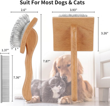 Slicker Brush for Doodles and Poodles - 2-Piece Solid Wood Dog Grooming Set with Extra Long Pin Dematting Tool and Metal Comb for Curly, Matted & Thick Hair, Purple