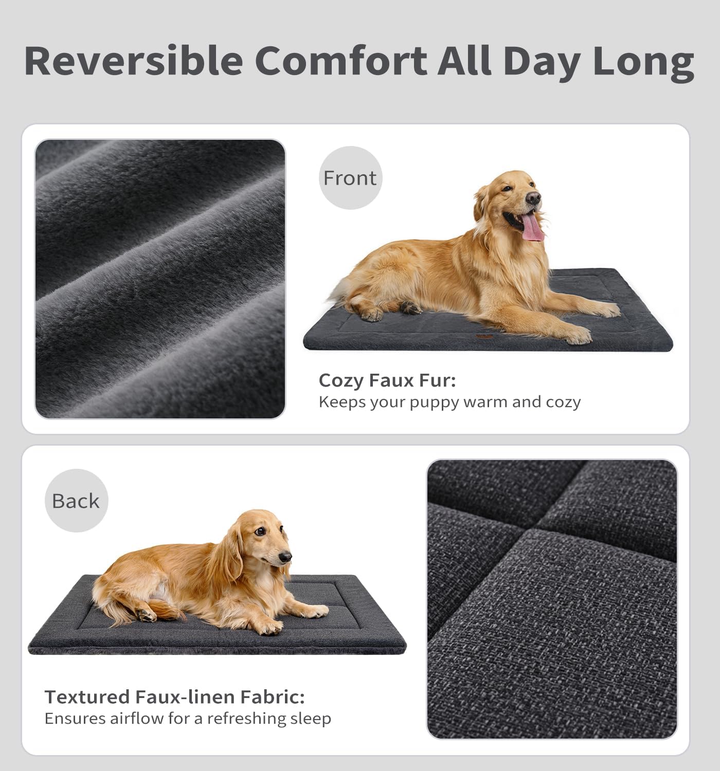 Made4Pets Dog Crate Pad Bed for Medium Large Dogs, Washable & Reversible, Anti-Slip Kennel Mat for Cozy Sleeping, Soft Fluffy Dog Bed for Indoor & Outdoor Use, 35"x23", Gray
