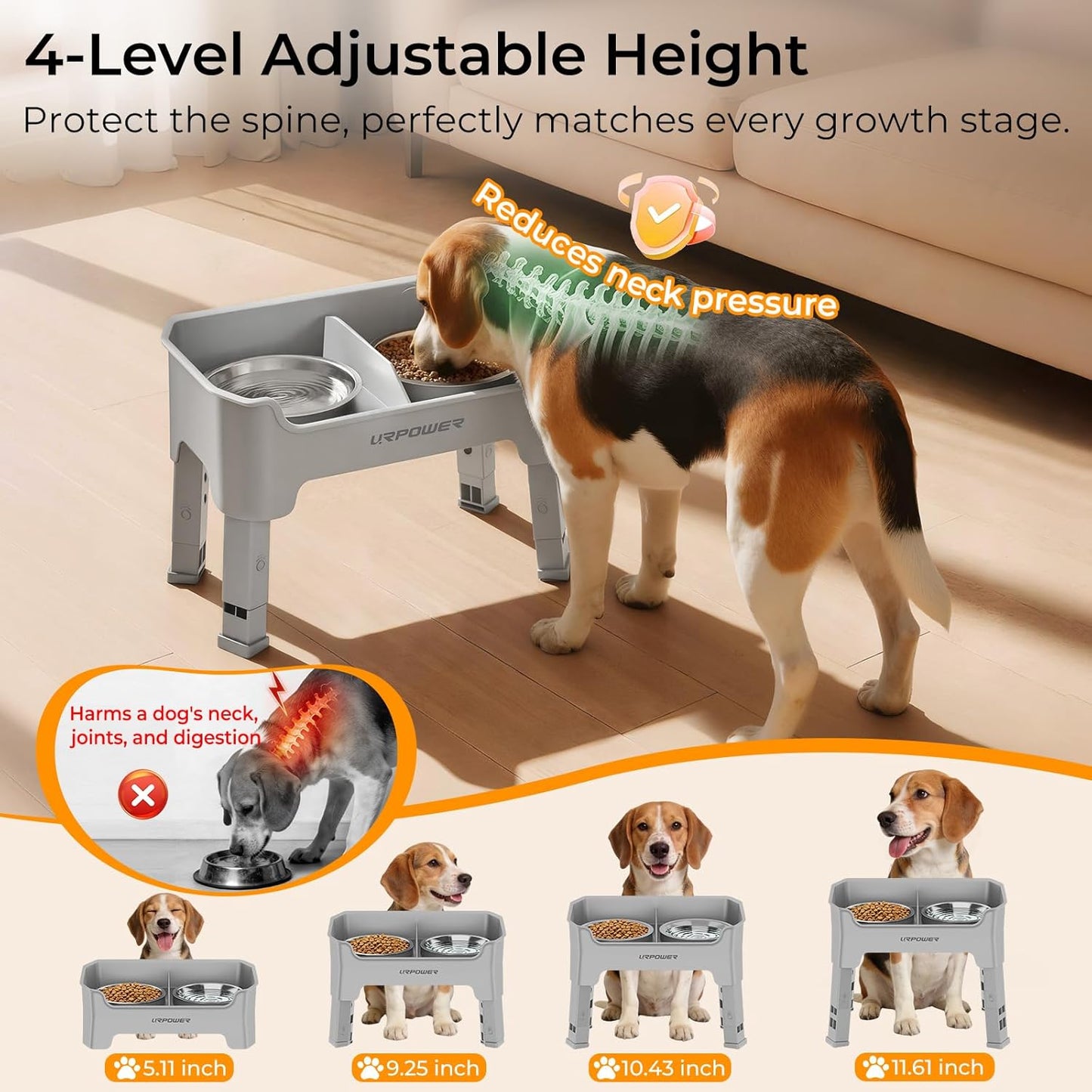 URPOWER 3-in-1 Elevated Dog Bowls - Mess Proof Double Deck 4 Height Adjustable Raised Stand with 2 Stainless Steel Food Bowls & Licking Plate for Small, Medium & Large Dogs