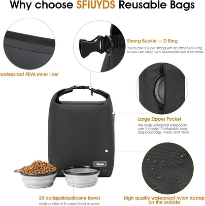 Travel Dog Food Container Pet Food Storage Bag Containers 2PCS Collapsible Travel Dog Bowls Waterproof Camping Storage Essentials Kibble Carrier 20L Easy to Clean (Black, Large)