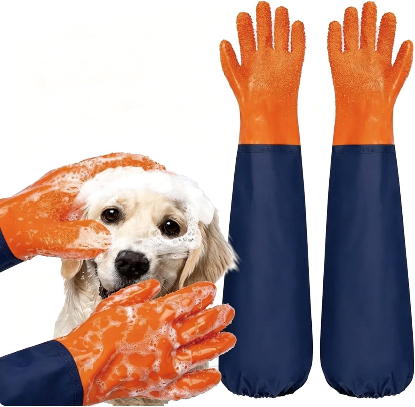 YOFANG 14" Long Pet Grooming Gloves for Washing & Hair Removal,Waterproof Rubber Cat Bite-Proof Brush Gloves,Dog Bath Glove with Soft 3500+ Particles Massage,Orange