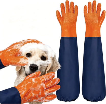 YOFANG 14" Long Pet Grooming Gloves for Washing & Hair Removal,Waterproof Rubber Cat Bite-Proof Brush Gloves,Dog Bath Glove with Soft 3500+ Particles Massage,Orange
