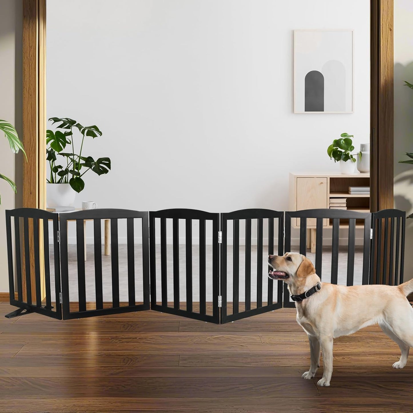 Freestanding Dog Gate Indoor,Doggie Gate Foldable Pet Gates for Doorways,Stairs or Hallways, Wooden Brown Pet Gate for the House, Pet Fence with Support Feet Included,24 "Height-3 Panels