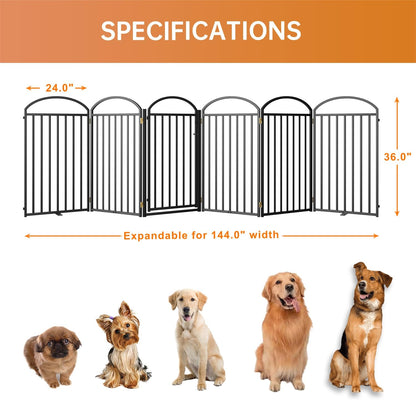 SNUOWU 4 Panels Full Matel Freestanding Dog Gates with Door, 96"Extra Wide 32"Tall Free Standing Dog Pet Gate for Indoor & Outdoor. Foldable Pet Fences for Doorways, House, Stairs, Porch, Deck, Yard