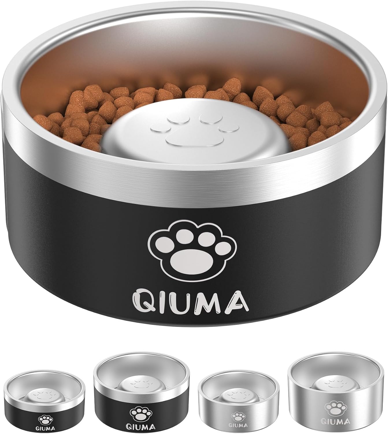 Qiuma Slow Feeder Dog Bowls Stainless Steel, Food-Grade 304 Dog Slow Feeder Bowl 2 Cups Capacity, Heavy Duty Double-Layer with Non-Slip Base, Pet Puzzle Bowl for Small & Medium Dogs (Black)
