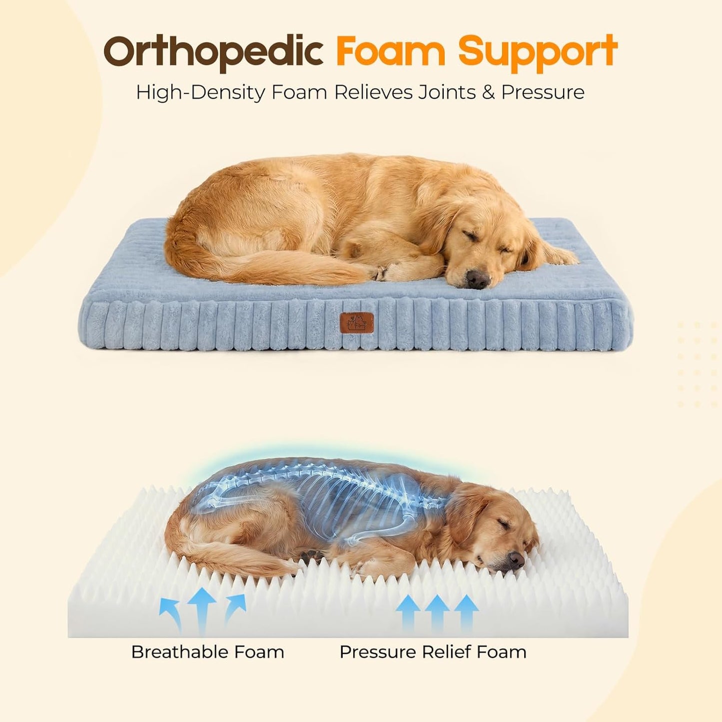 Orthopedic Dog Bed for Large Dog, Waterproof Pet Bed,Non-Slip Bottom and Egg-Crate Foam with Removable Washable Cover Crate Bed,Cream,36"x27"x3"