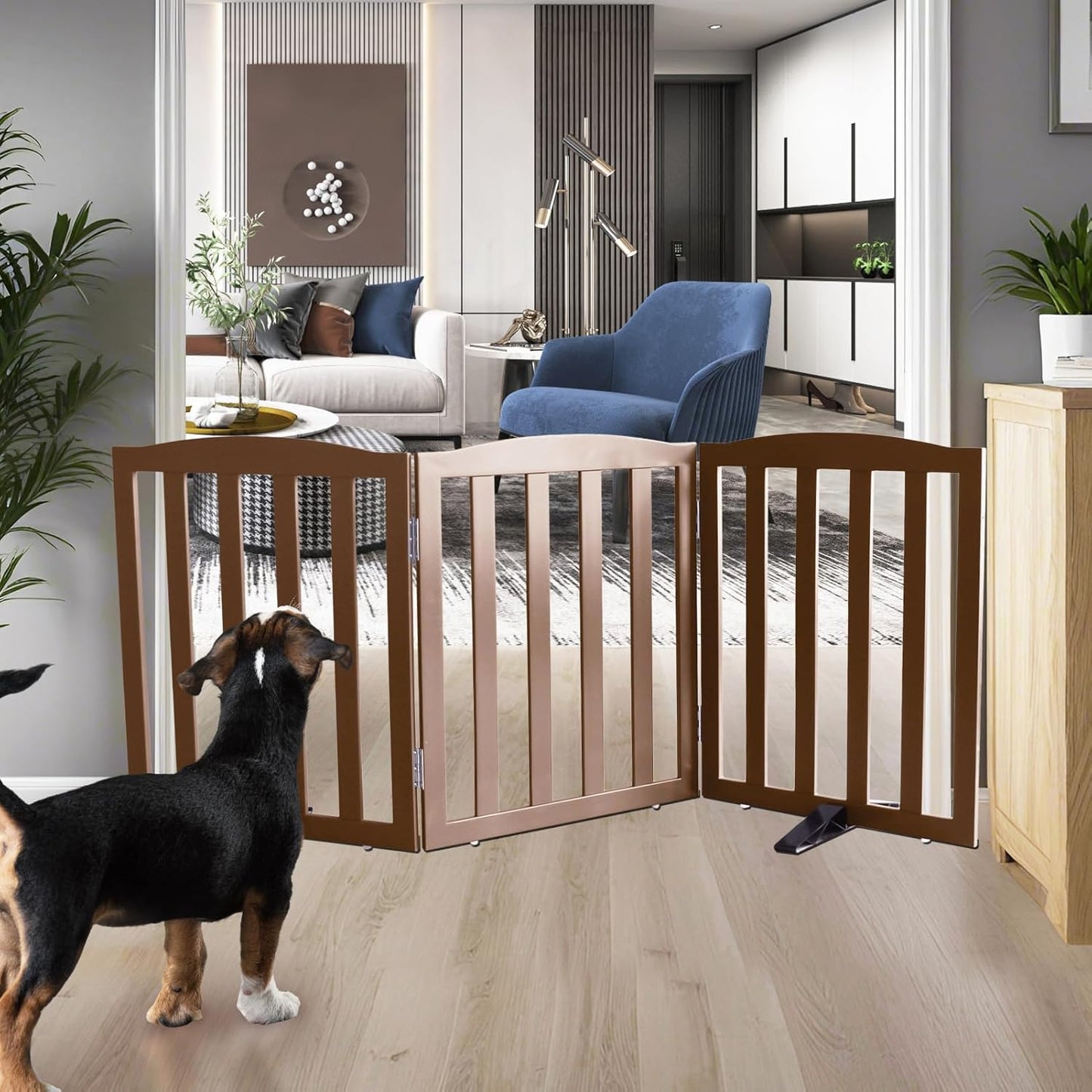 ZJSF Foldable Freestanding Indoor Dog Gate for House Wood White Long Pet Gates Dog Fence for Stairs Puppy Gates for Hallways,Pet Fence, Puppy Gate,Support Feet Included 24 "Height-3 Panels