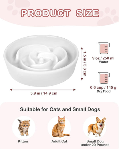 TRUVIC Ceramic Slow Feeder Dog Bowls Small Breed, 0.6 Cup Slow Feeder Cat Bowls for Fast Eaters, Ceramic Dog Food Dish no Black Chin, Puzzle Bowl for Small Dogs and Cats, White