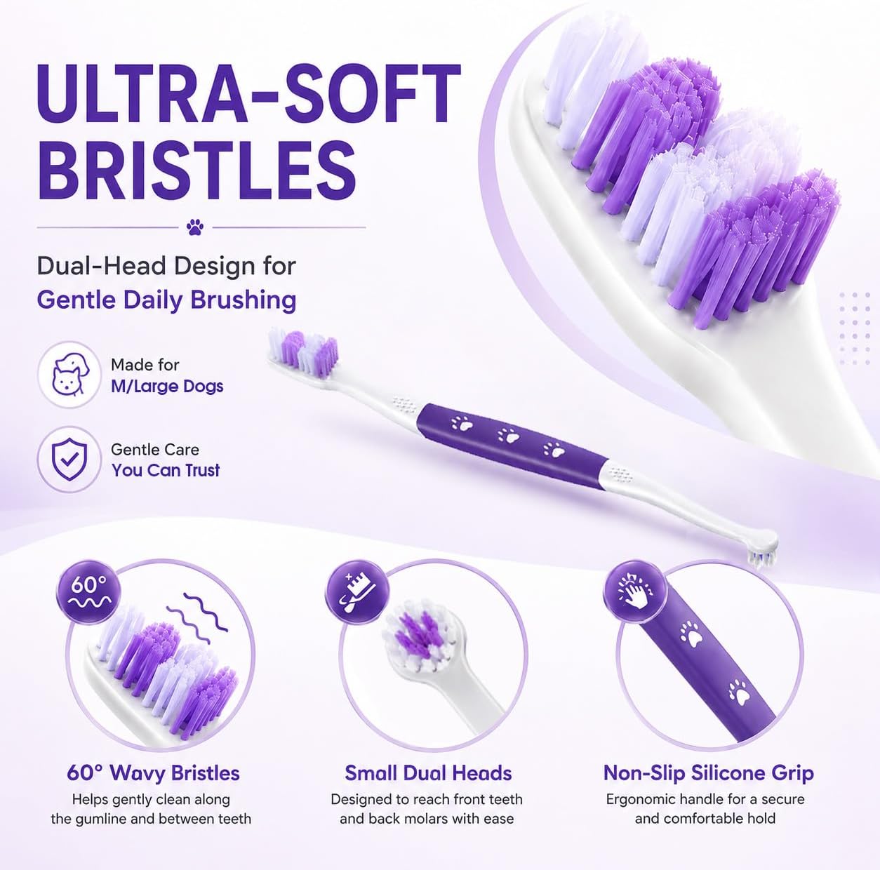 Dog Toothbrush – Newly Upgraded Dual-Head Design with 60° Wavy Bristles – Gently Surrounds Teeth for Deep Cleaning and Plaque Removal – Non-Slip Handle, Ideal for Daily Pet Dental Care (Pink, 1-Pack)