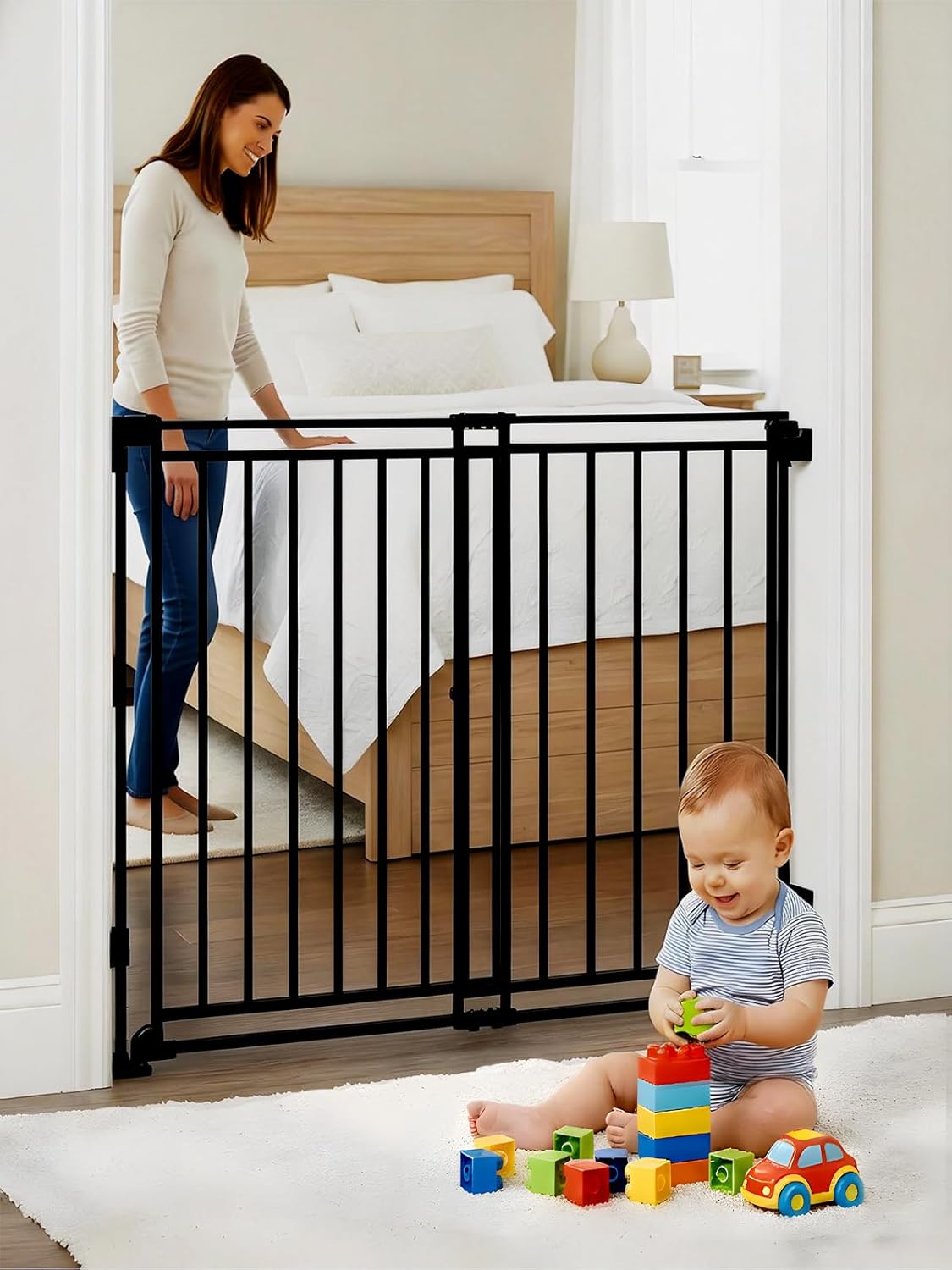 Baby Gate for Stairs & Doorways - Fits Openings 26 to 43 Inches Wide (Must Drill to Install) | 29" Extra Tall with No Bottom Bar | One-Handed Auto-Close Walk-Thru Gate for Kids & Pets, Black