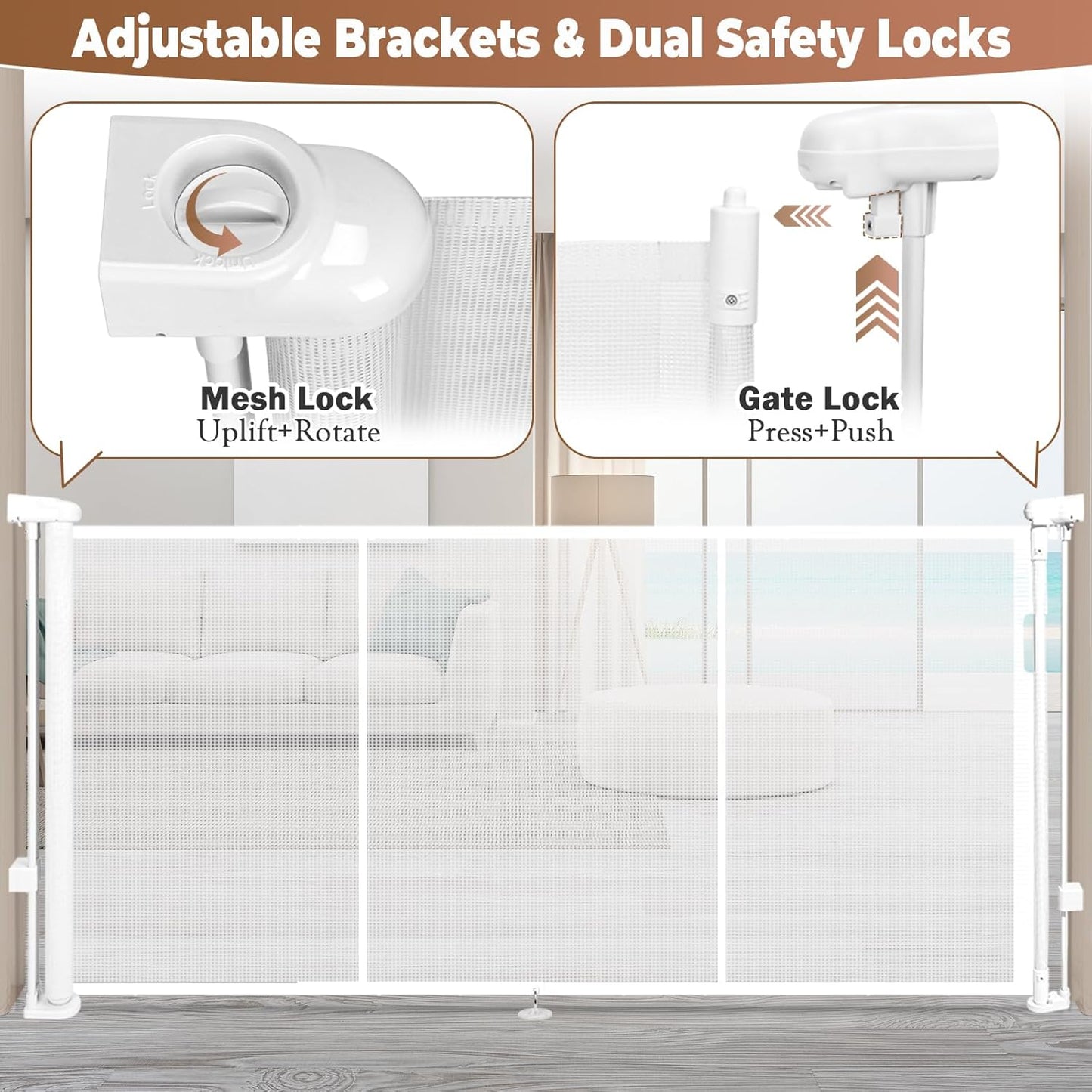 236" Retractable Baby Gate Extra Wide, 41" Tall Retractable Dog Gate for Stairs, Doorways, Decks, Mesh Gate Long Child Gate Pet Gate for Indoor, Outdoor, with Reinforced Mesh Rods, Dual Locks