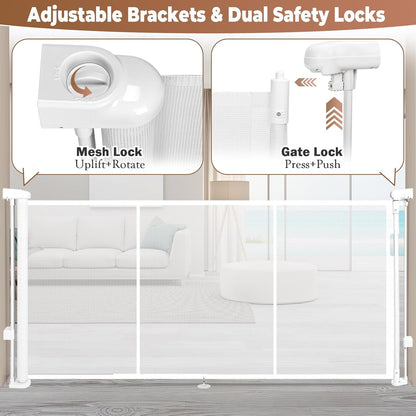 236" Retractable Baby Gate Extra Wide, 41" Tall Retractable Dog Gate for Stairs, Doorways, Decks, Mesh Gate Long Child Gate Pet Gate for Indoor, Outdoor, with Reinforced Mesh Rods, Dual Locks