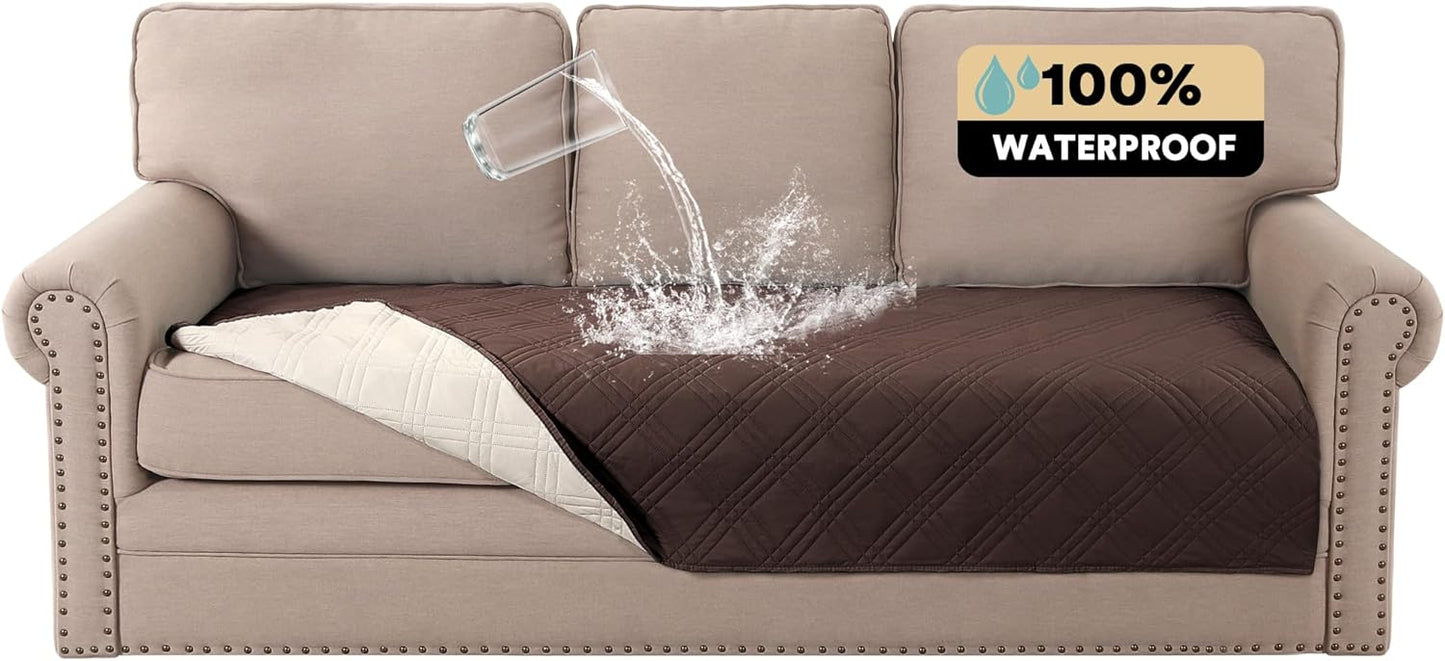 PrinceDeco 100% Waterproof Couch Cover for 3 Cushion Couch Sofa Pet Friendly Non-Slip Couch Cover for Dogs Washable Water Resistant Furniture Protector with Elastic Straps(Sofa 68", French Oak)