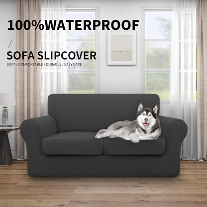 Easy-Going 100% Dual Waterproof 4 Pieces Stretch Soft Couch Cover for Dogs, Sofa Slipcover for 3 Separate Cushion Couch Leakproof Furniture Protector for Kids, Pets Dark Gray
