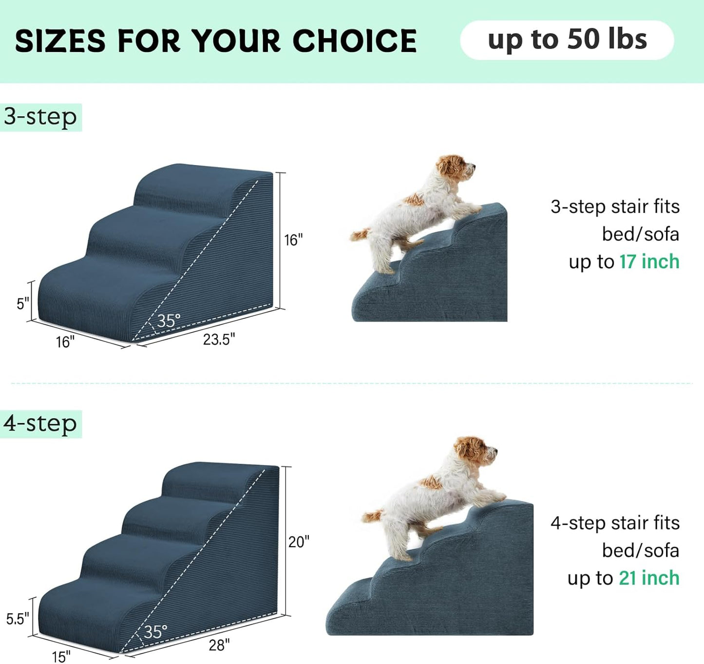 Mesa Lemon Dog Stairs & Steps for High Beds, 3 Steps High Density Foam Waterproof Dog Ramp for Small Dogs and Cats, Pet Stairs with Removable Washable Cover for Bed, Couch, Sofa and Car (H:16")