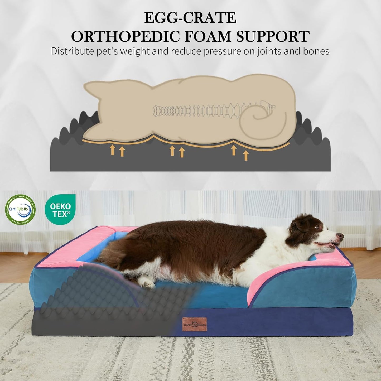 Comfort Expression Orthopedic Dog Bed for Extra Large Dogs 42x30 Inch, Waterproof Egg Crate Foam XL Pet Bed with Removable Bolsters, Dog Couch with Washable Cover & Non-Slip Bottom, Grey - Colors A