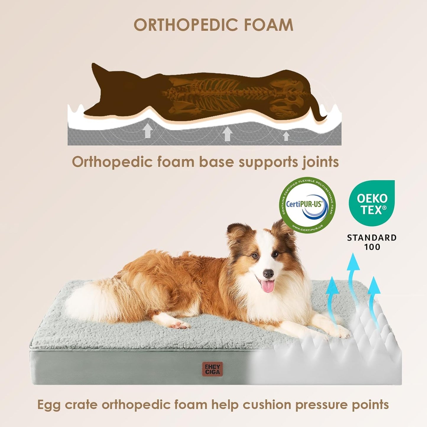 EHEYCIGA Orthopedic XL Dog Beds for Extra Large Dogs with Removable Washable Cover for Crate, Grey, 41x27