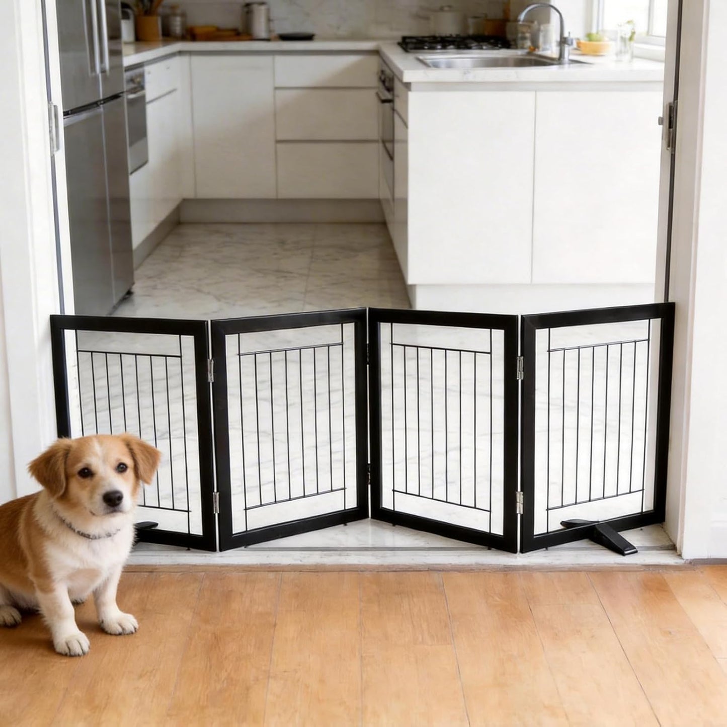 ZJSF Freestanding Dog Gate Indoor, Foldable Dog Fence for Doorways,Hallways or Stairs, Sturdy Wood Extra Wide Pet Gate with Support Feet,Black,24 "Height-3 Panels