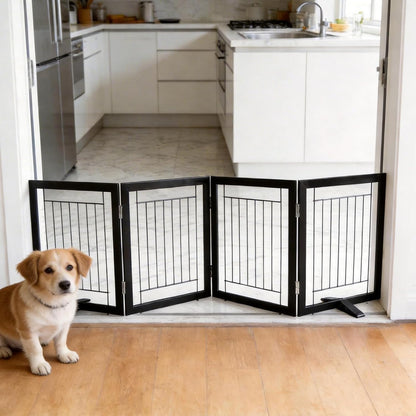 ZJSF Freestanding Dog Gate Indoor, Foldable Dog Fence for Doorways,Hallways or Stairs, Sturdy Wood Extra Wide Pet Gate with Support Feet,Black,24 "Height-3 Panels