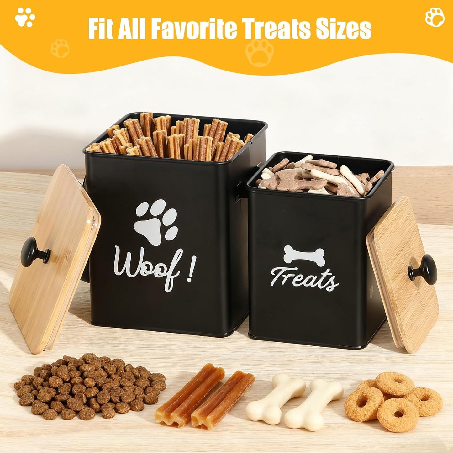 Dog Treat Container Set of 2, Dog Food Storage Containers with Airtight Lids, Metal dog treat jars for Kitchen Countertop, Pet Cookie Canister to Keep Treats Fresh, 9.4''×7.1''×9.6", Black
