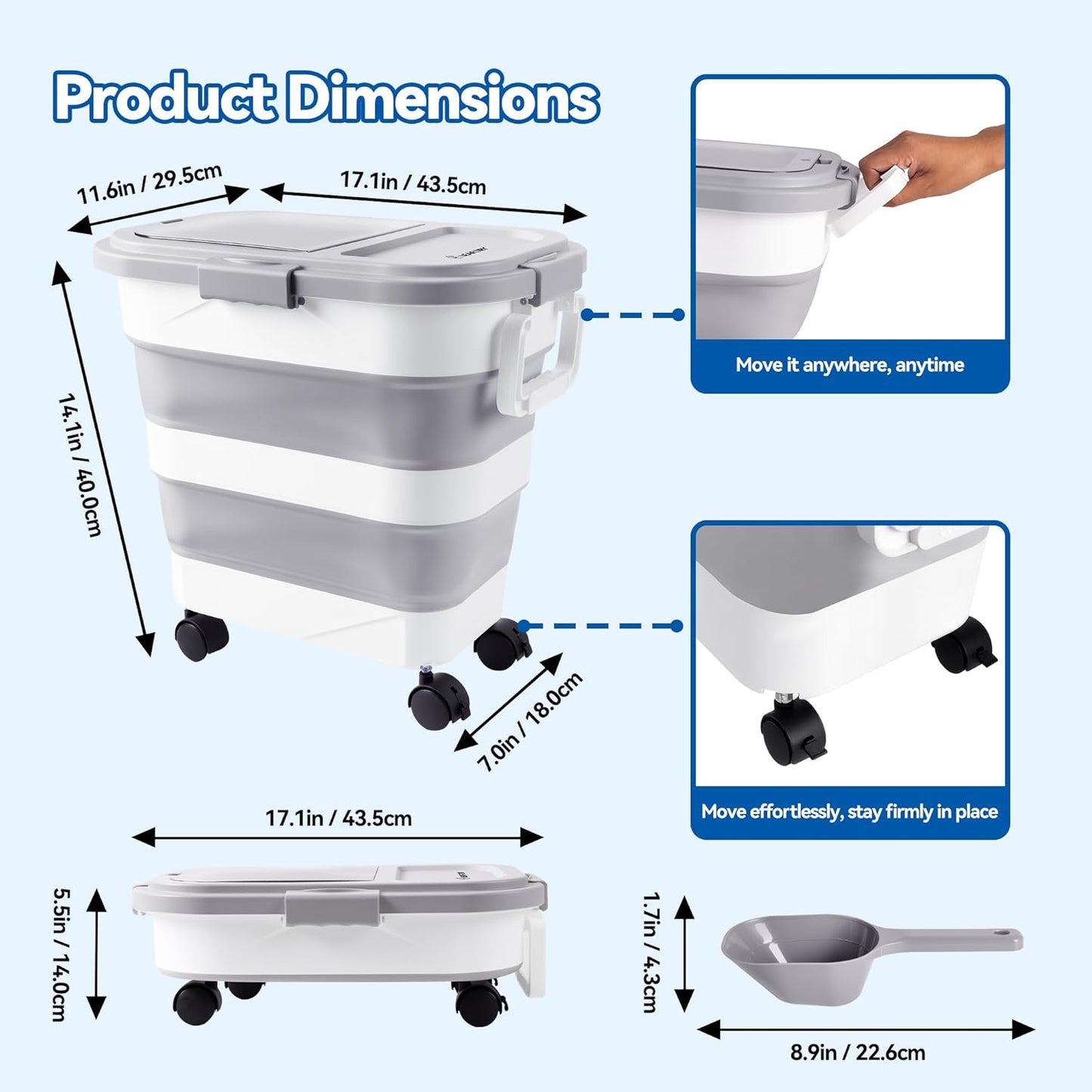 Dog Food Storage Container 30-40lbs, Airtight Pet Food Bin with Locking Lid & Clear Window, Collapsible Rolling Storage Container with Wheels & Scoop, Gray