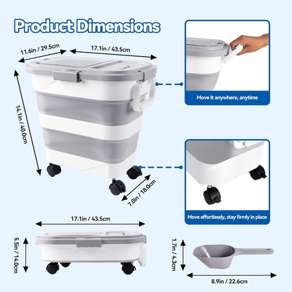 Dog Food Storage Container 30-40lbs, Airtight Pet Food Bin with Locking Lid & Clear Window, Collapsible Rolling Storage Container with Wheels & Scoop, Gray