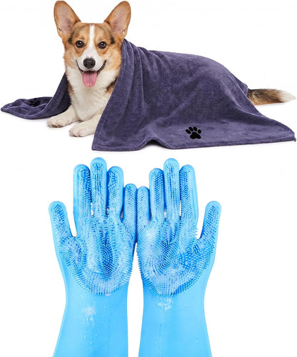 3PCS Dog Bath Supplies,Dog Bath Brush | Dog Washing Gloves | Dog Towel 40'' X 23.6'',Super Absorbent and Soft Pet Grooming Towel, Perfect Shower & Grooming Supplies for Dogs (A-3 Kits)