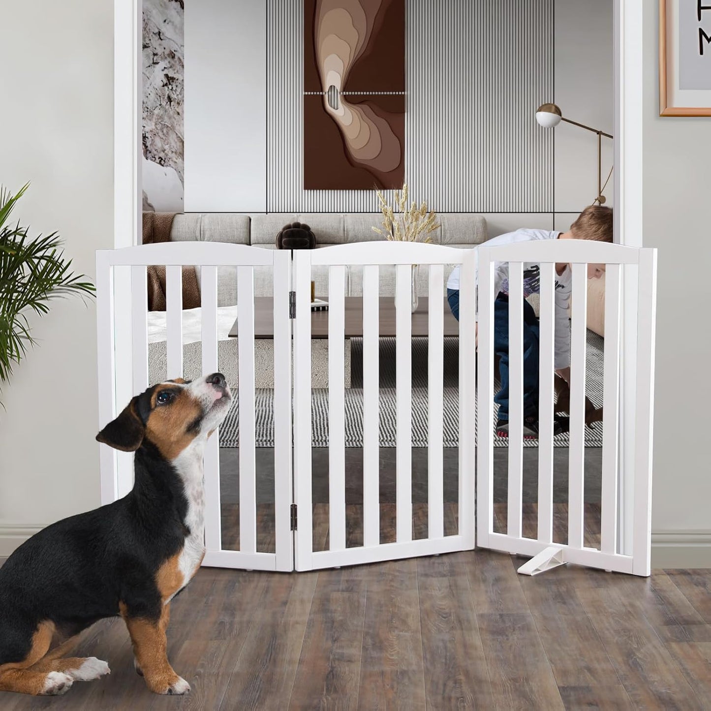 ZJSF Foldable Freestanding Indoor Dog Gate for House Wood White Long Pet Gates Dog Fence for Stairs Puppy Gates for Hallways,Pet Fence, Puppy Gate,Support Feet Included 24 "Height-3 Panels
