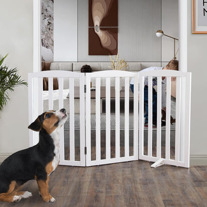 ZJSF Foldable Freestanding Indoor Dog Gate for House Wood White Long Pet Gates Dog Fence for Stairs Puppy Gates for Hallways,Pet Fence, Puppy Gate,Support Feet Included 24 "Height-3 Panels