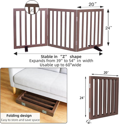 ZJSF Freestanding Indoor Dog Gate for House Foldable Wood Puppy Gate for Doorways Pet Gate for Stairs Extra Wide Pet Fence, Brown, 24" Height 3 Panels