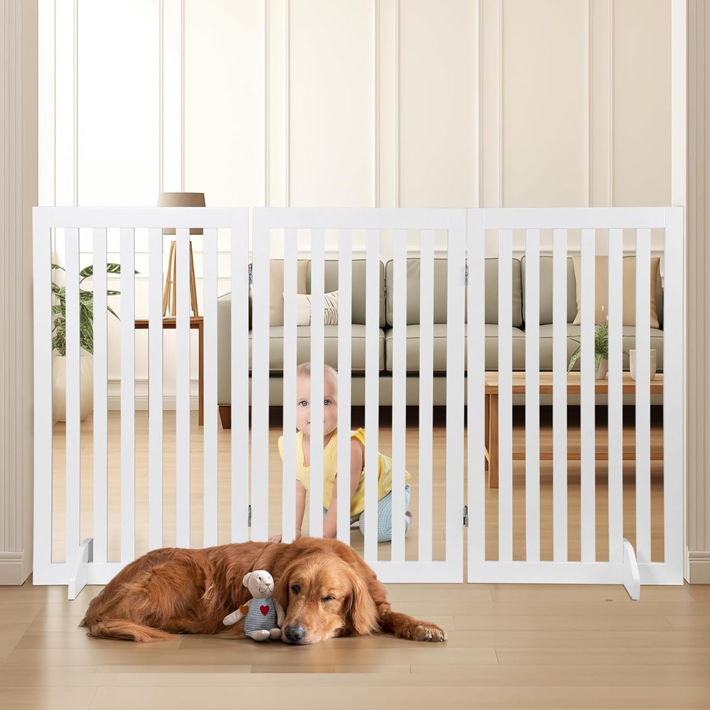 ZENY Freestanding Pet Gate for Dogs - 4 Panels Indoor Foldable Dog Fence for Stairs, Hallways, or Doorways - 82x24-Inch Freestanding Dog Gates, Brown